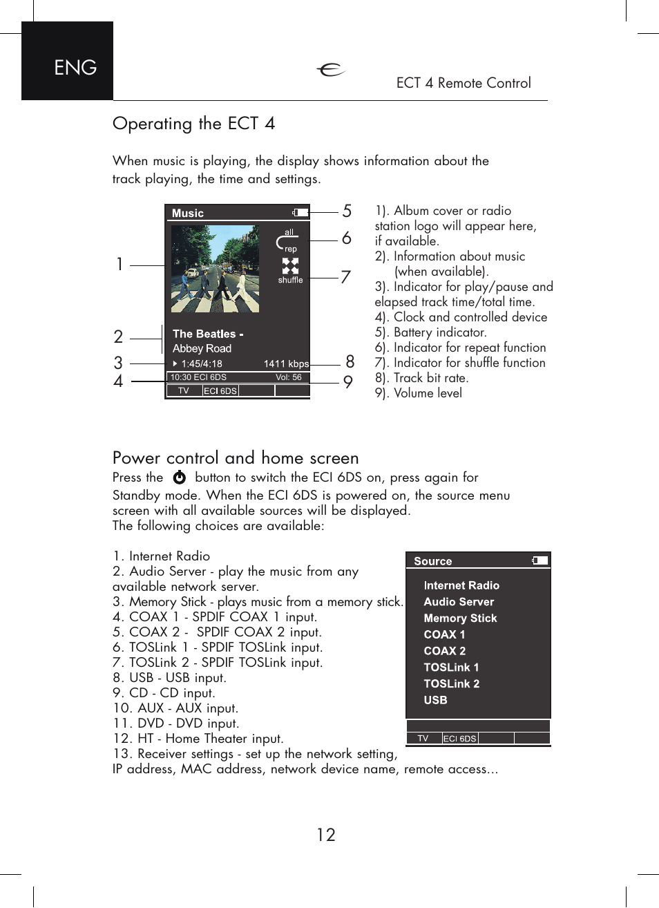 Operating the ect 4, Power control and home screen | Electrocompaniet ECI 6DS User Manual | Page 12 / 24