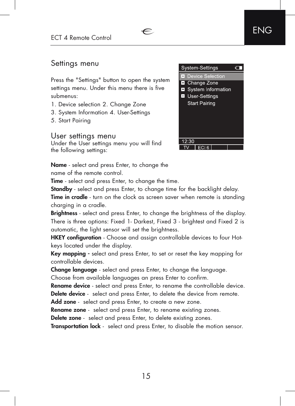Settings menu, User settings menu | Electrocompaniet ECI 6DS User Manual | Page 15 / 24