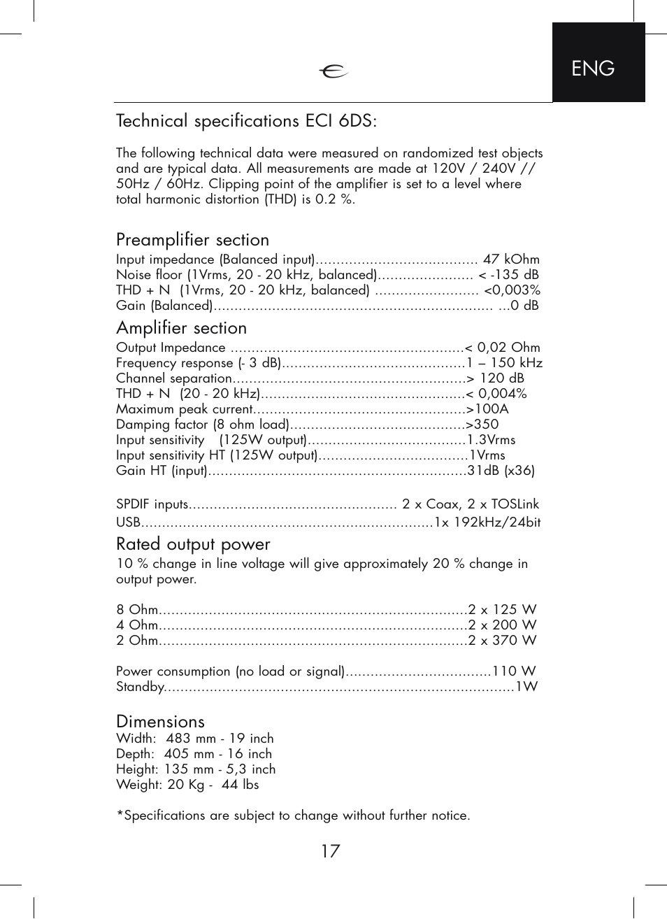 Technical specifications eci 6ds, Rated output power, Dimensions | Electrocompaniet ECI 6DS User Manual | Page 17 / 24
