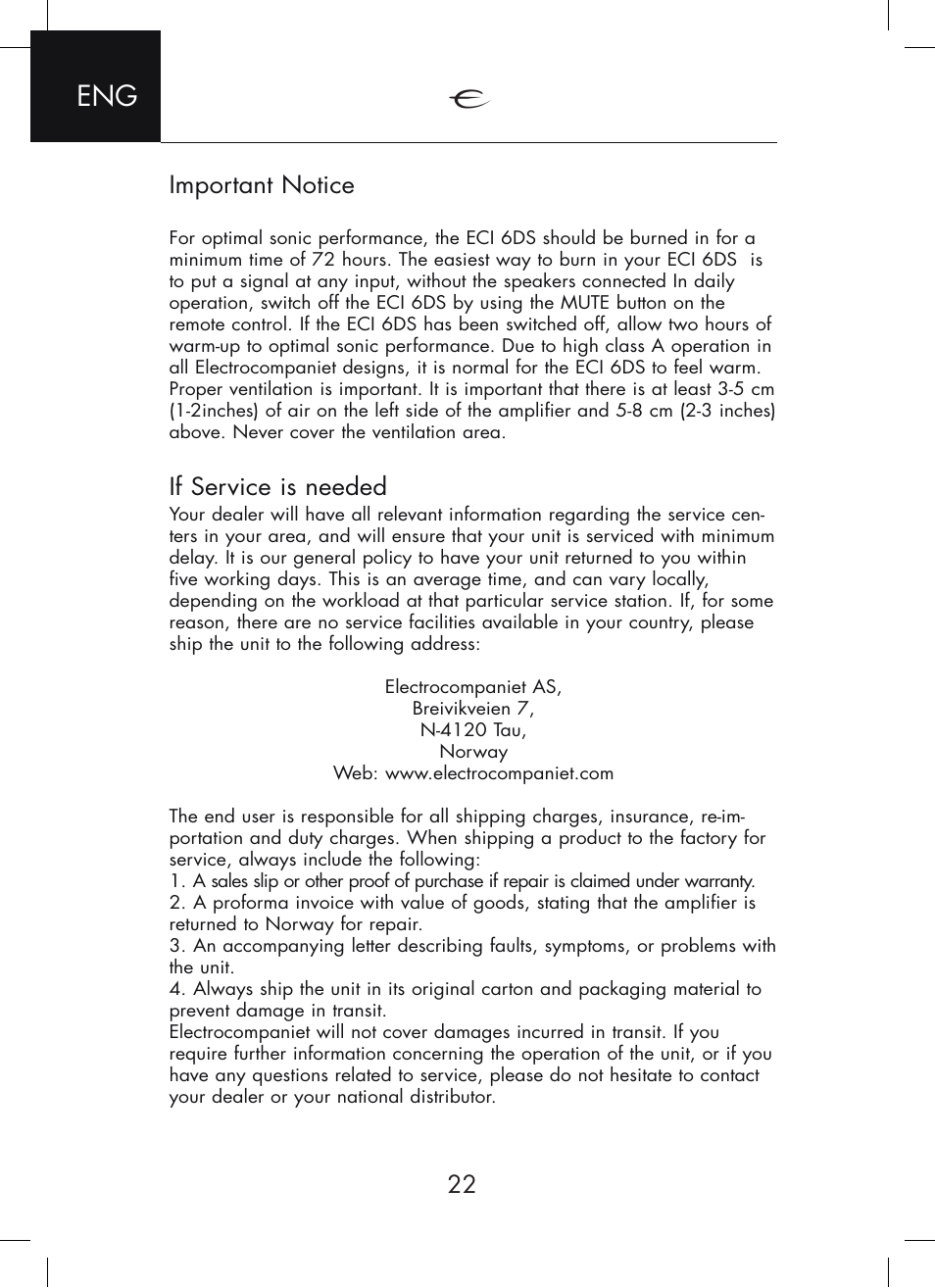 Important notice, If service is needed | Electrocompaniet ECI 6DS User Manual | Page 22 / 24