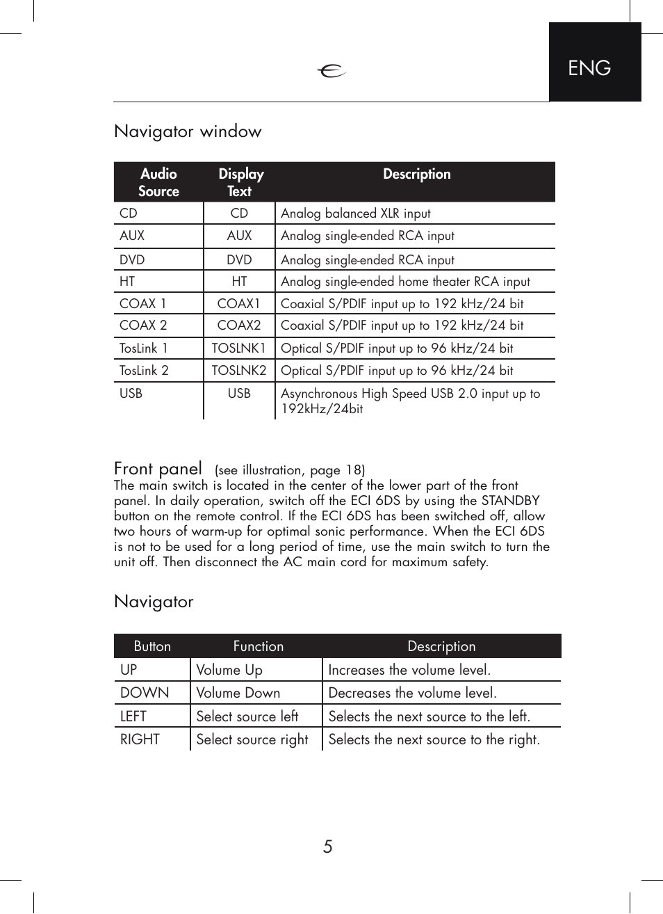 Front panel, Navigator, Navigator window | Electrocompaniet ECI 6DS User Manual | Page 5 / 24