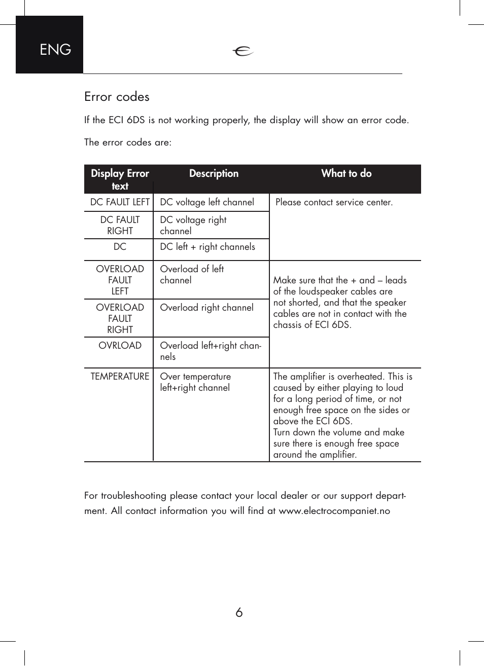 Error codes | Electrocompaniet ECI 6DS User Manual | Page 6 / 24