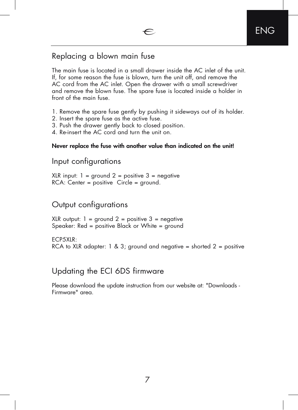 Replacing a blown main fuse, Input configurations, Output configurations | Updating the eci 6ds firmware | Electrocompaniet ECI 6DS User Manual | Page 7 / 24