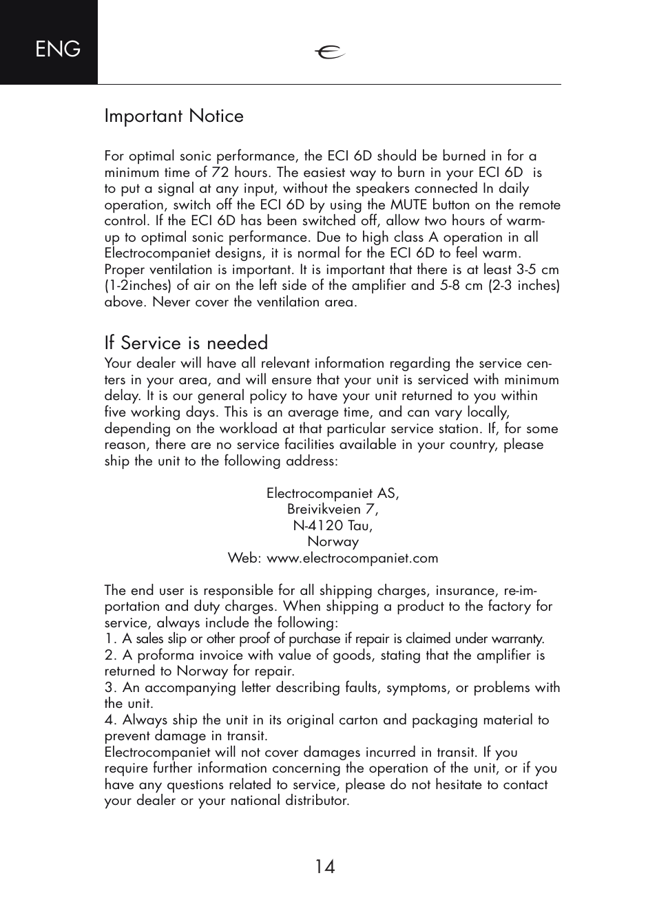 Important notice, If service is needed | Electrocompaniet ECI 6D User Manual | Page 14 / 15