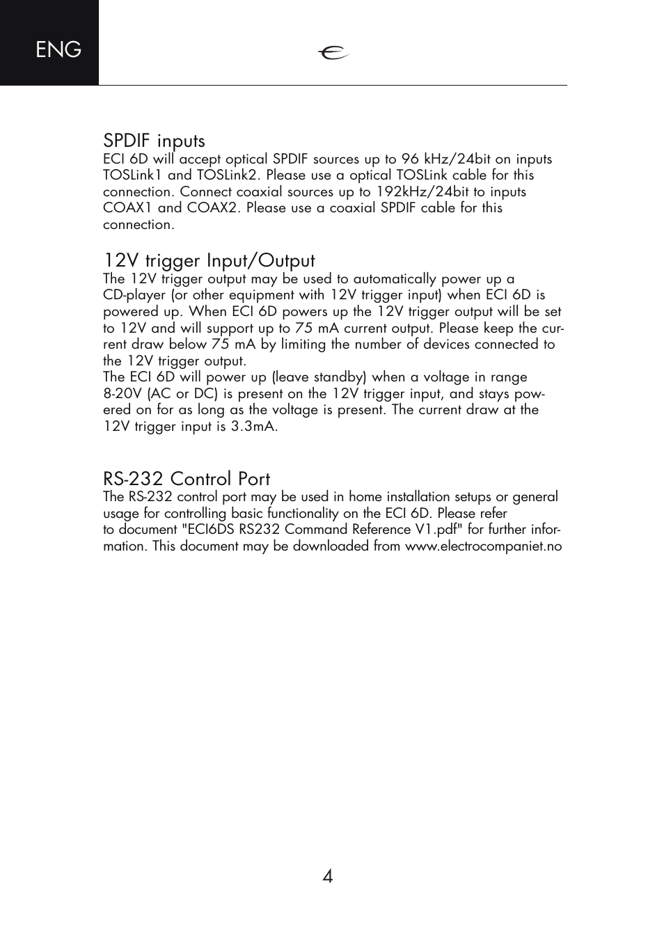 Spdif inputs, 12v trigger input/output, Rs-232 control port | Electrocompaniet ECI 6D User Manual | Page 4 / 15