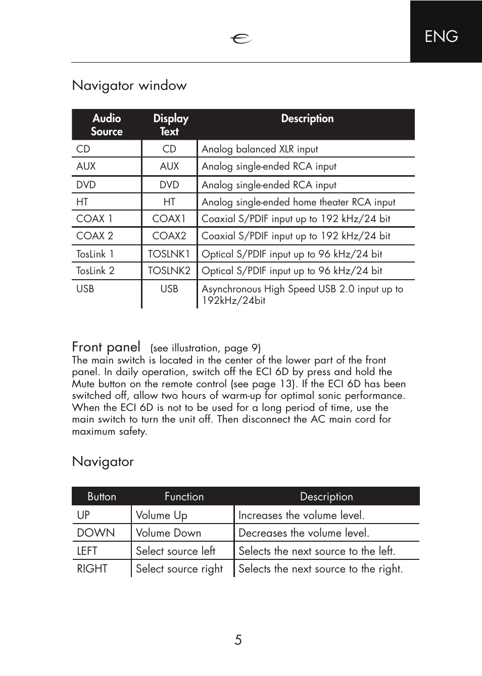 Front panel, Navigator, Navigator window | Electrocompaniet ECI 6D User Manual | Page 5 / 15