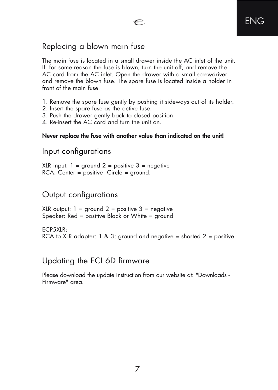 Replacing a blown main fuse, Input configurations, Output configurations | Updating the eci 6d firmware | Electrocompaniet ECI 6D User Manual | Page 7 / 15