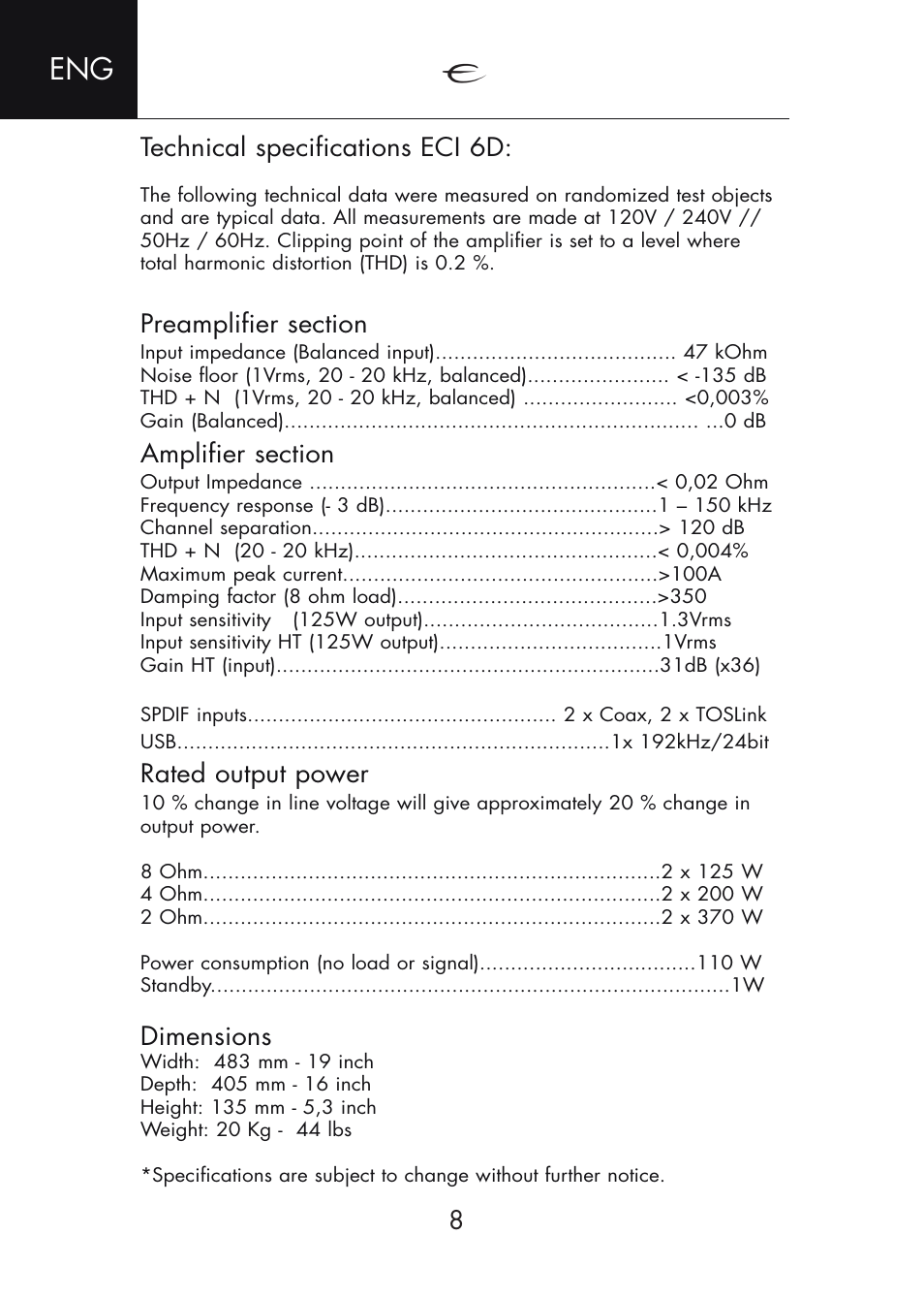 Technical specifications eci 6d, Rated output power, Dimensions | Electrocompaniet ECI 6D User Manual | Page 8 / 15