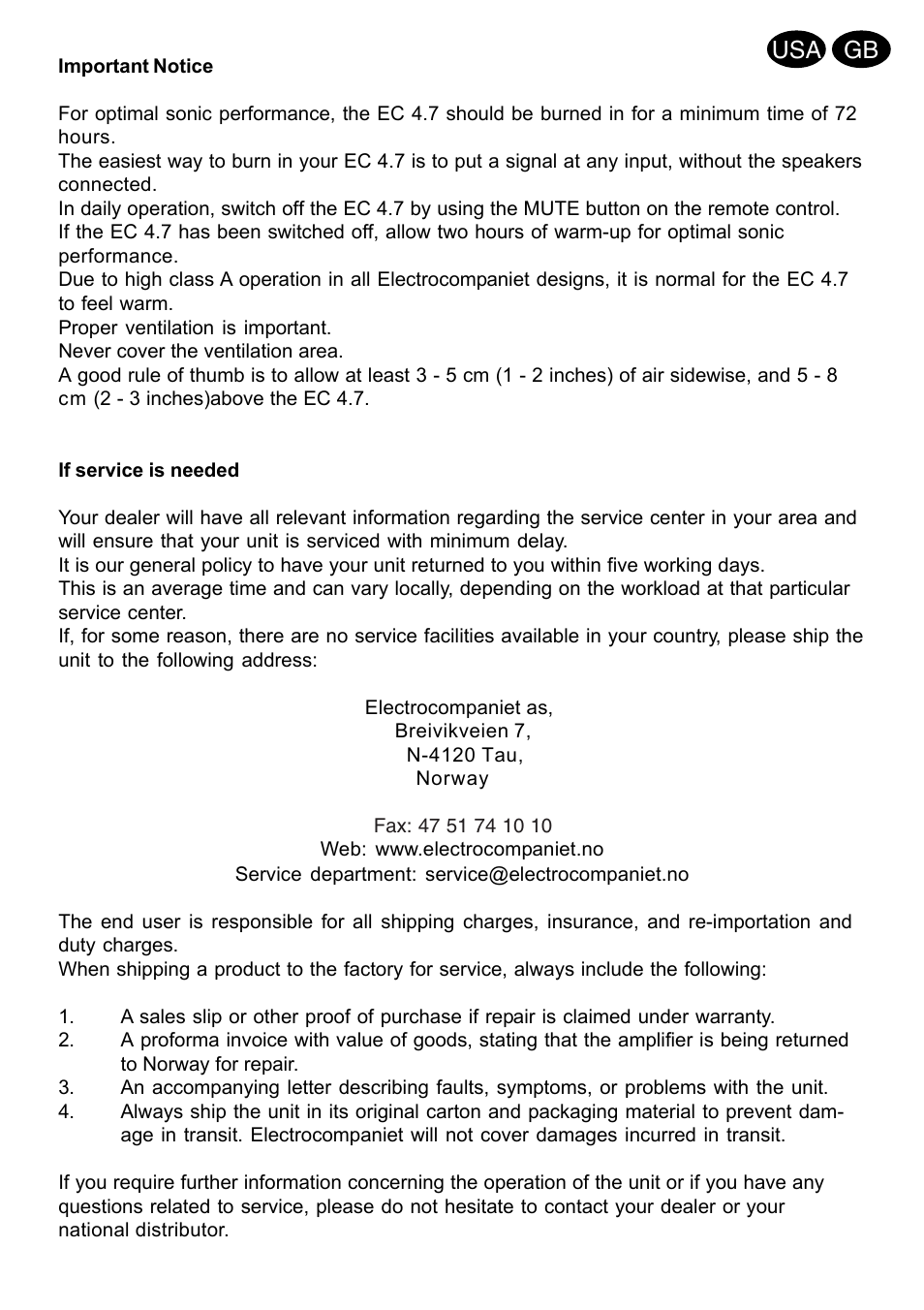 Usa gb | Electrocompaniet EC4.7 (issue 3) User Manual | Page 7 / 9