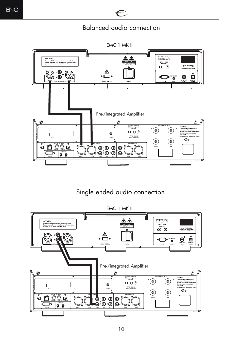 Single ended audio connection, Balanced audio connection, Emc 1 mk iii | Emc 1 mk iii pre-/integrated amplifier, Pre-/integrated amplifier | Electrocompaniet EMC 1 MK III User Manual | Page 10 / 16