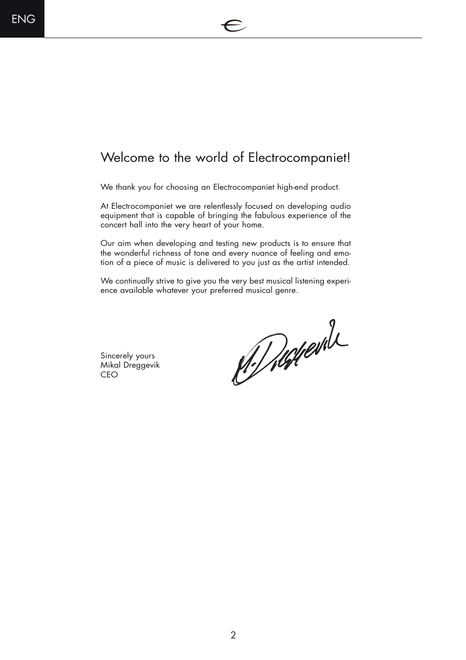 Welcome to the world of electrocompaniet | Electrocompaniet EMC 1 MK III User Manual | Page 2 / 16