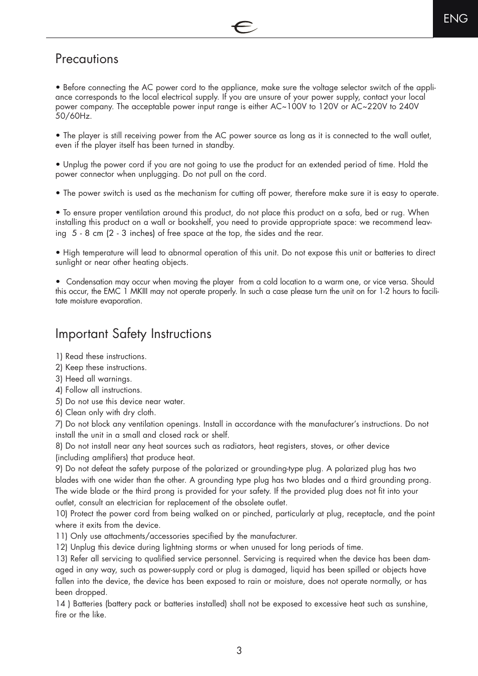 Precautions, Important safety instructions | Electrocompaniet EMC 1 MK III User Manual | Page 3 / 16