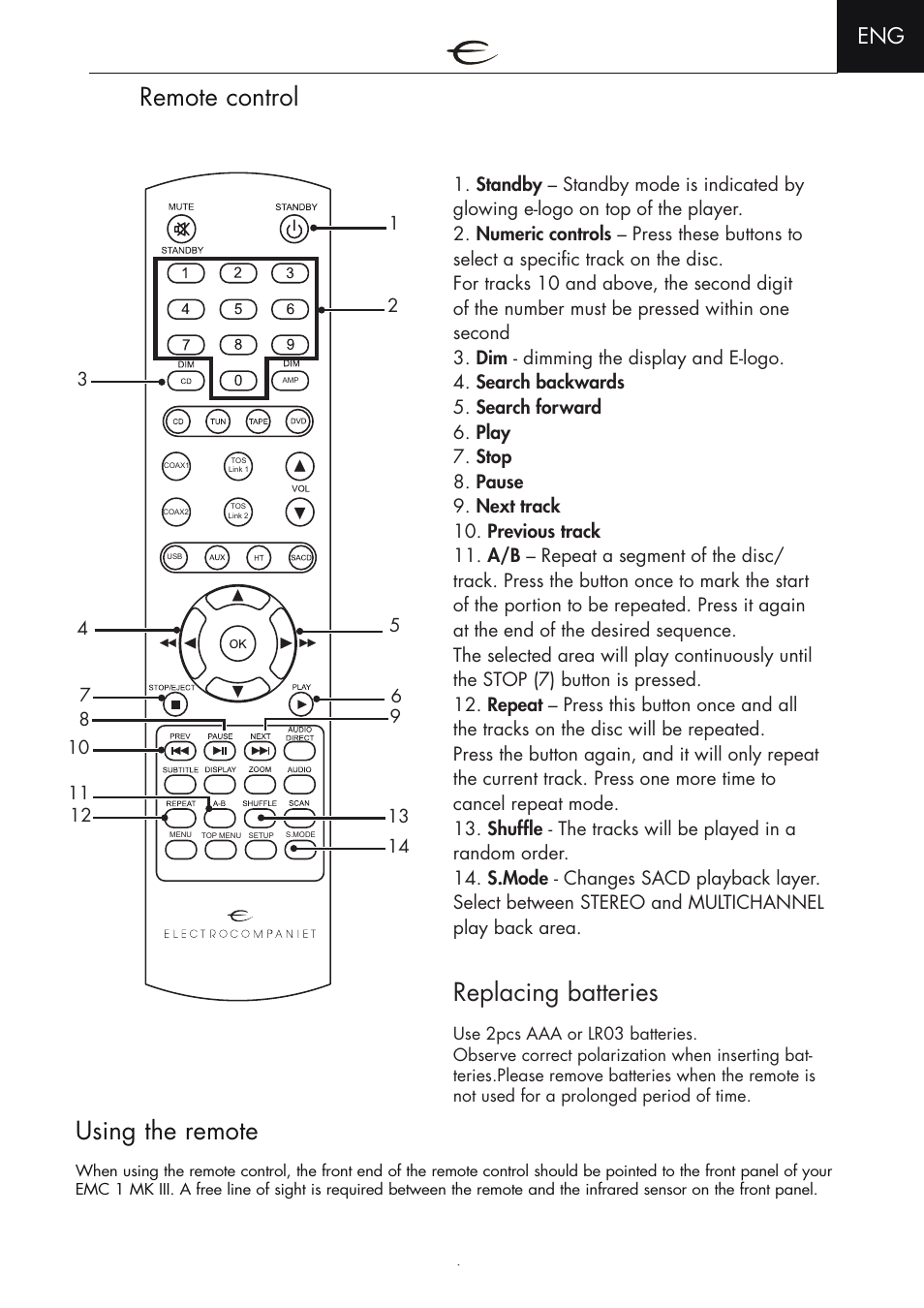 Using the remote, Replacing batteries, Remote control | Electrocompaniet EMC 1 MK III User Manual | Page 7 / 16