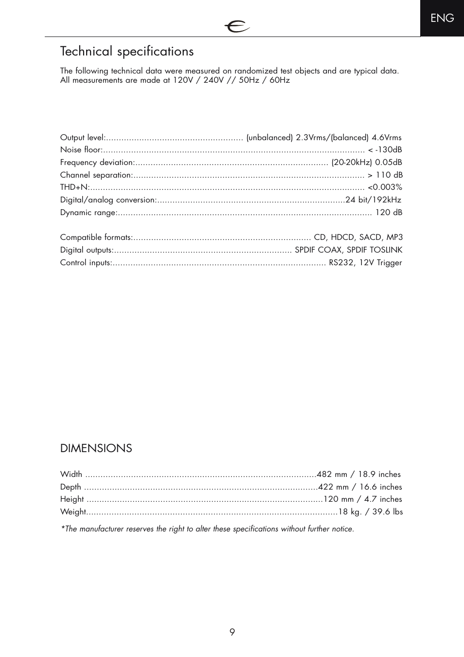 Technical specifications, Dimensions | Electrocompaniet EMC 1 MK III User Manual | Page 9 / 16