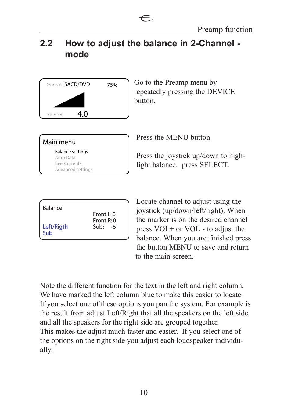 2 how to adjust the balance in 2-channel - mode | Electrocompaniet ECT 2 User Manual | Page 10 / 28