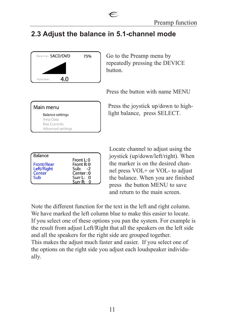 3 adjust the balance in 5.1-channel mode | Electrocompaniet ECT 2 User Manual | Page 11 / 28