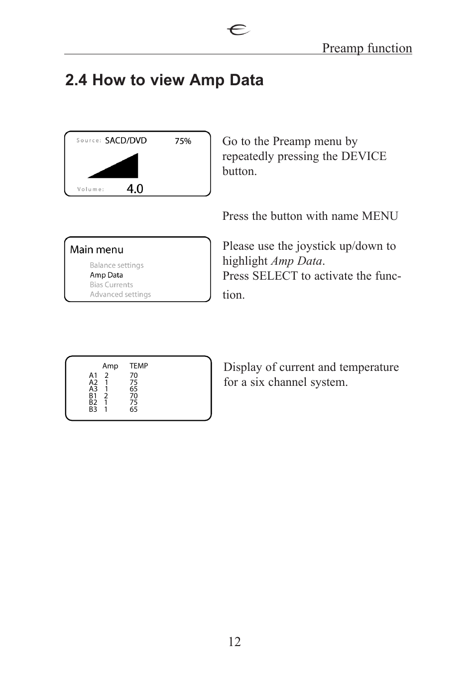 4 how to view amp data, Preamp function | Electrocompaniet ECT 2 User Manual | Page 12 / 28