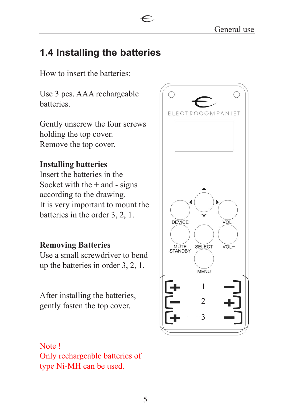 4 installing the batteries | Electrocompaniet ECT 2 User Manual | Page 5 / 28