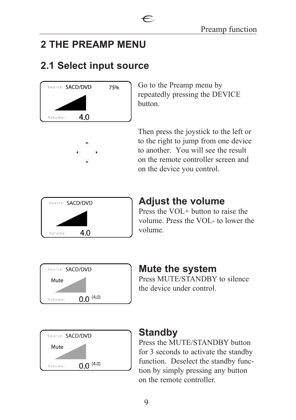 2 the preamp menu 2.1 select input source, Adjust the volume, Mute the system | Standby | Electrocompaniet ECT 2 User Manual | Page 9 / 28