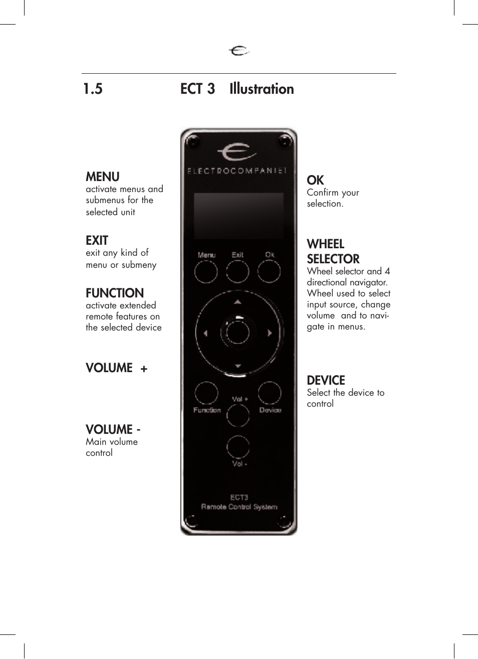 5 ect 3 illustration, 5general use menu, Exit | Function, Volume, Wheel selector, Device | Electrocompaniet ECT 3 User Manual | Page 5 / 28
