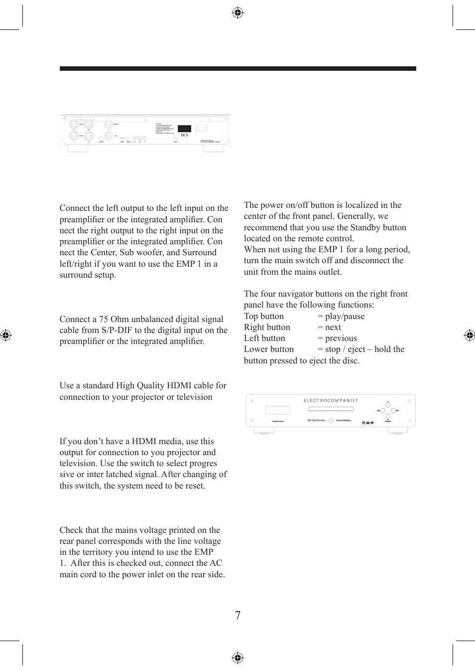 Connecting the emp 1 | Electrocompaniet EMP 1 User Manual | Page 7 / 36