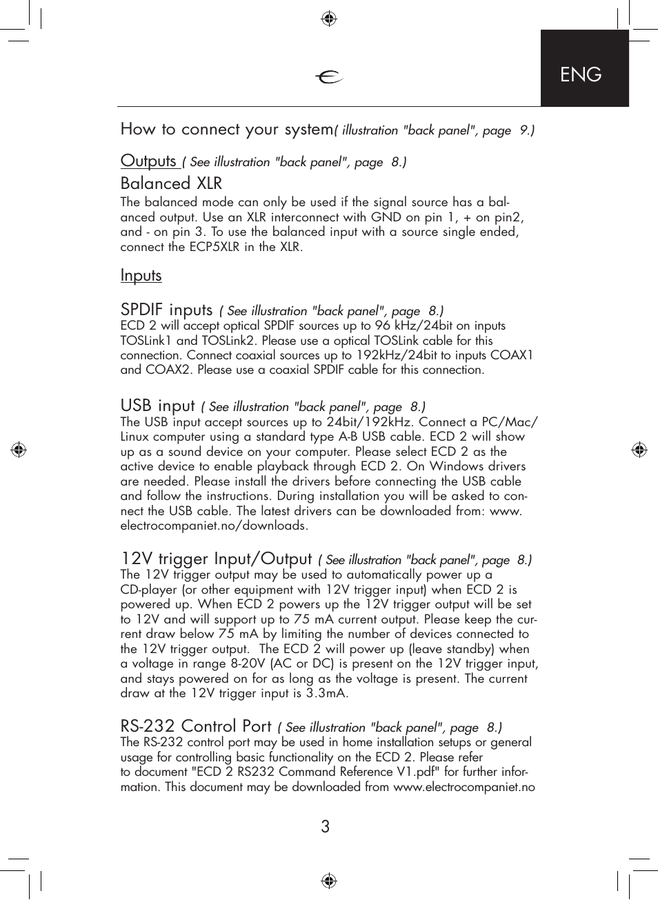 How to connect your system, Outputs, Balanced xlr | Inputs spdif inputs, Usb input, 12v trigger input/output, Rs-232 control port | Electrocompaniet ECD 2 User Manual | Page 3 / 12