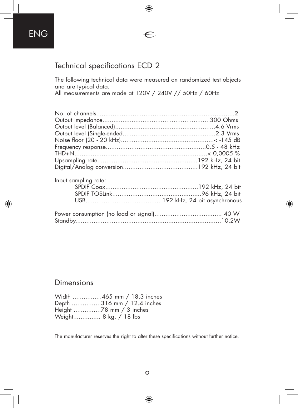 Technical specifications ecd 2, Dimensions | Electrocompaniet ECD 2 User Manual | Page 6 / 12