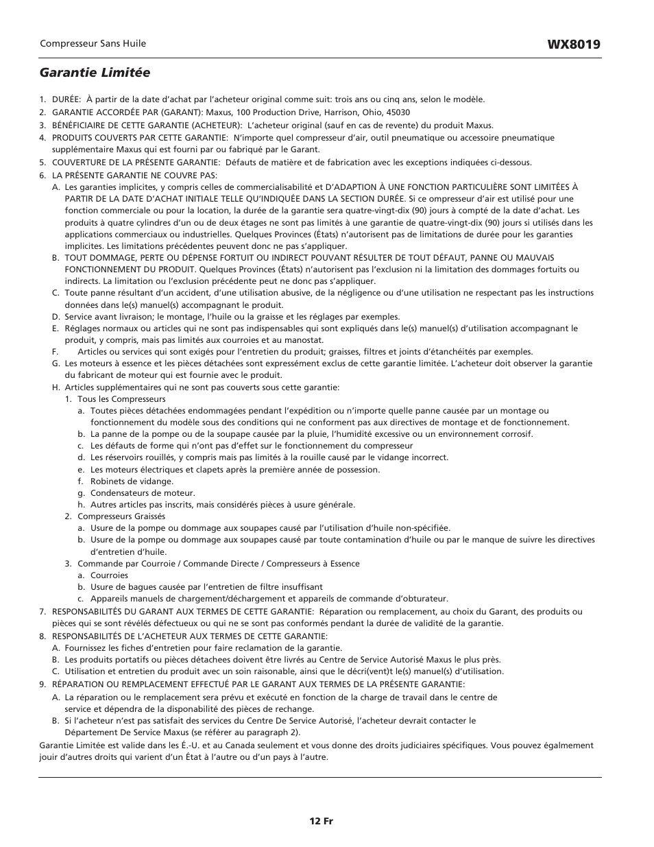 Garantie limitée, Wx8019 | Campbell Hausfeld IN626100AV User Manual | Page 12 / 24