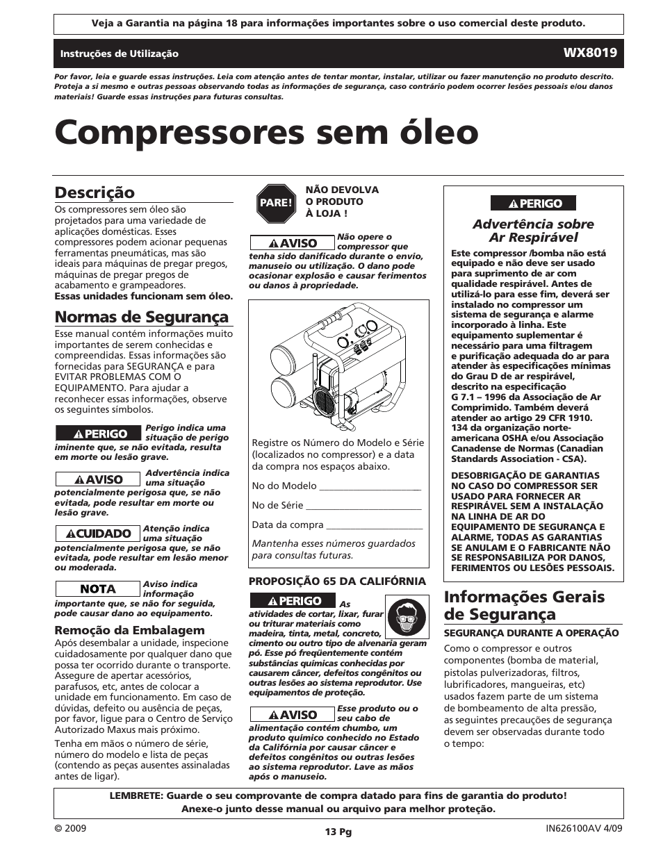 Compressores sem óleo, Descrição, Normas de segurança | Informações gerais de segurança | Campbell Hausfeld IN626100AV User Manual | Page 13 / 24