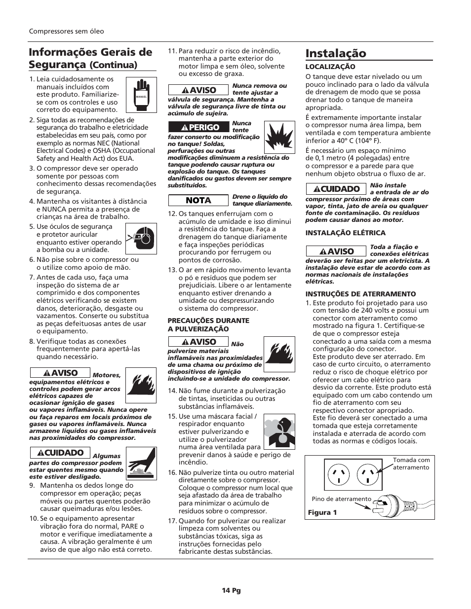Instalação, Informações gerais de segurança, Continua) | Campbell Hausfeld IN626100AV User Manual | Page 14 / 24