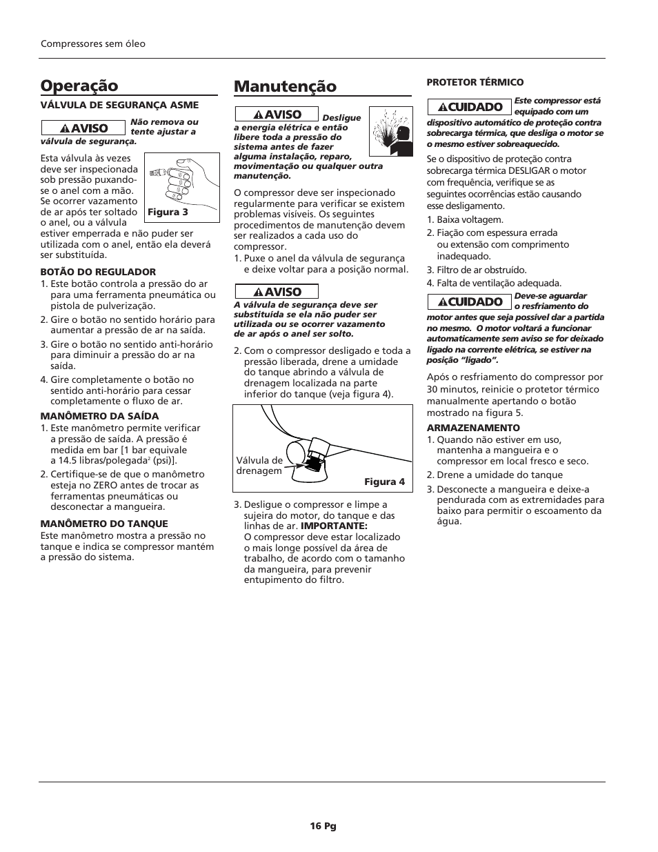 Operação, Manutenção | Campbell Hausfeld IN626100AV User Manual | Page 16 / 24