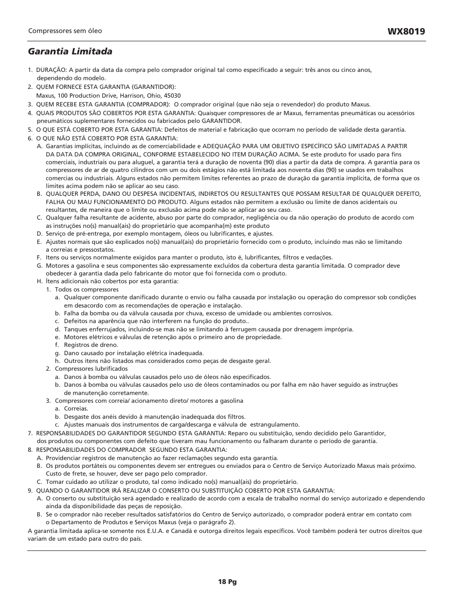 Garantia limitada, Wx8019 | Campbell Hausfeld IN626100AV User Manual | Page 18 / 24