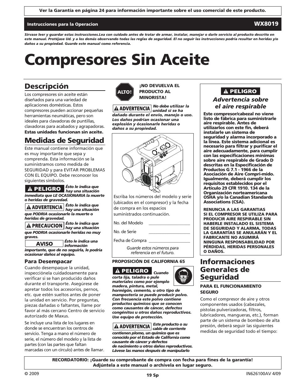 Compresores sin aceite, Descripción, Medidas de seguridad | Informaciones generales de seguridad | Campbell Hausfeld IN626100AV User Manual | Page 19 / 24