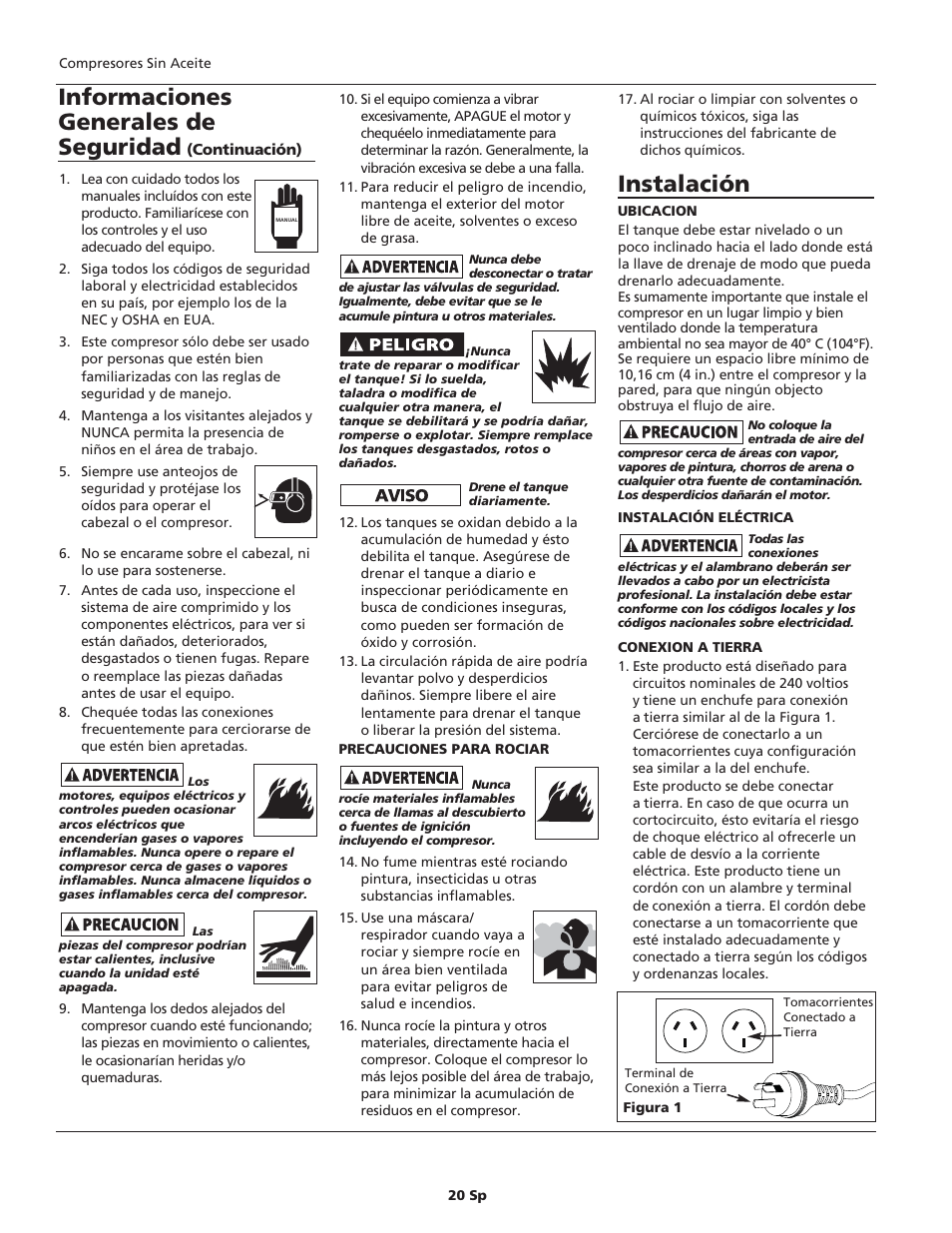 Instalación, Informaciones generales de seguridad | Campbell Hausfeld IN626100AV User Manual | Page 20 / 24