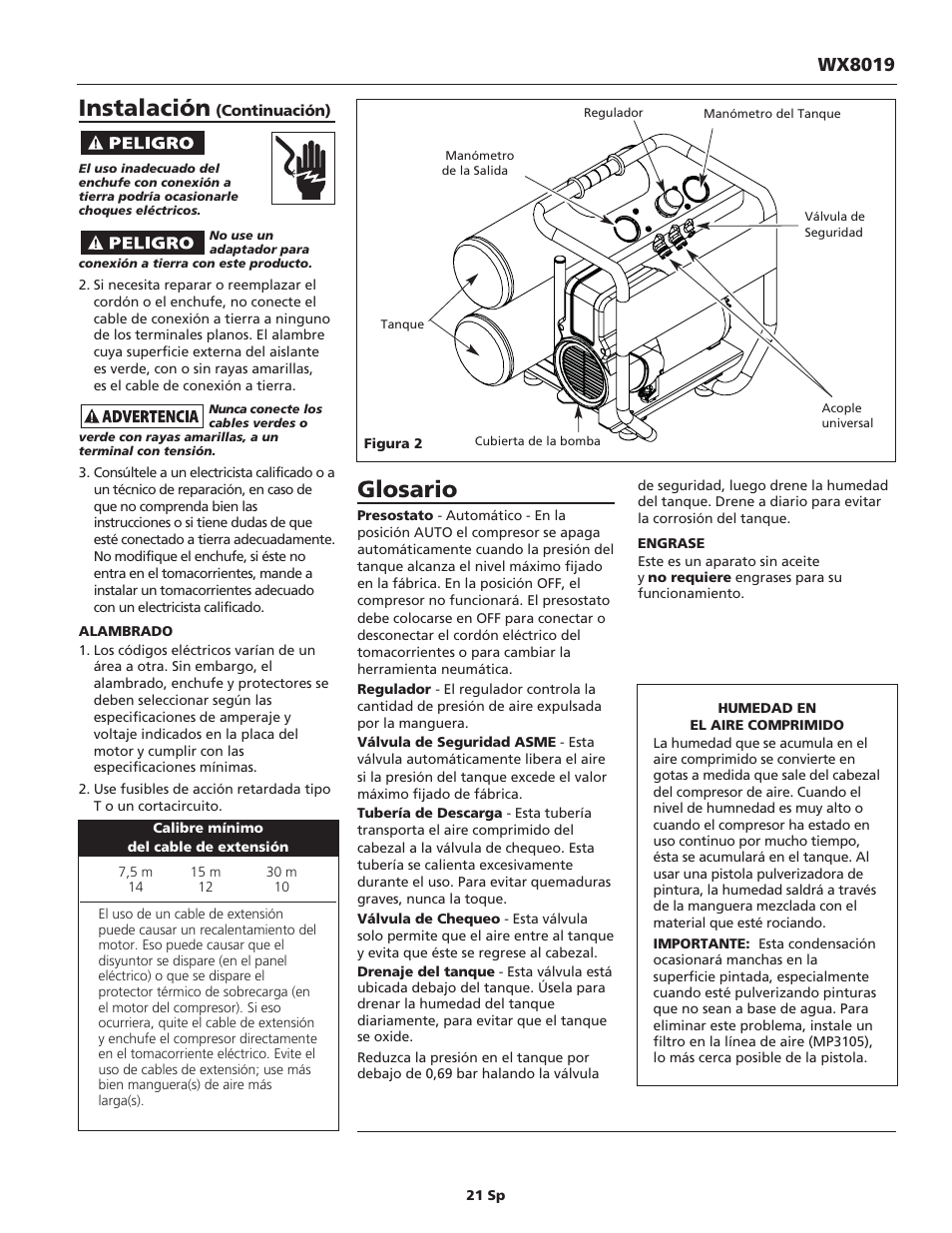 Glosario, Instalación, Wx8019 | Campbell Hausfeld IN626100AV User Manual | Page 21 / 24