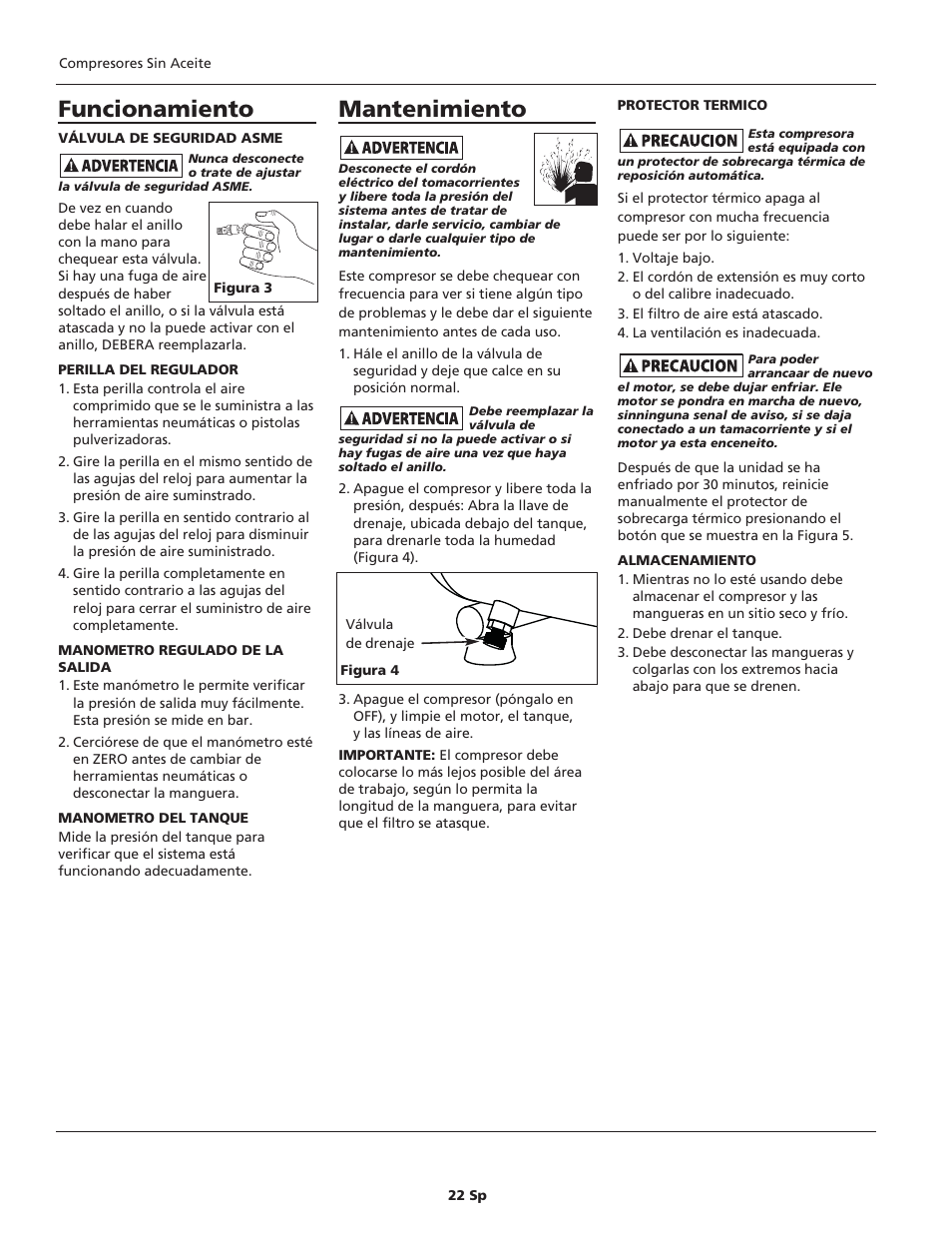 Funcionamiento, Mantenimiento | Campbell Hausfeld IN626100AV User Manual | Page 22 / 24