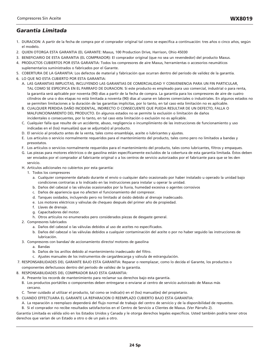 Garantía limitada, Wx8019 | Campbell Hausfeld IN626100AV User Manual | Page 24 / 24