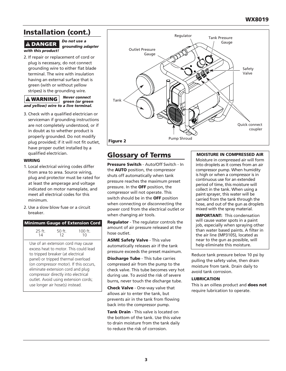 Glossary of terms, Installation (cont.), Wx8019 | Campbell Hausfeld IN626100AV User Manual | Page 3 / 24