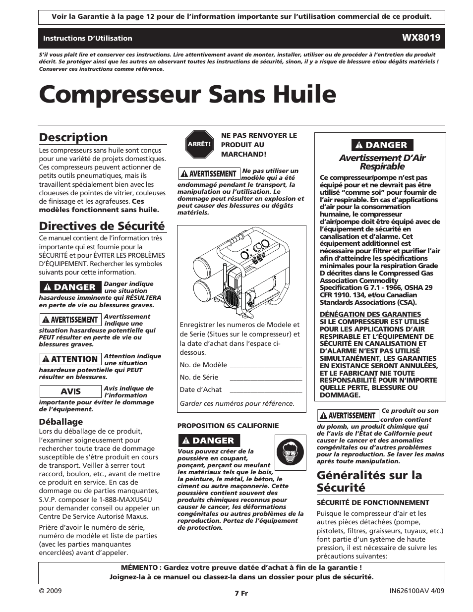 Compresseur sans huile, Description, Directives de sécurité | Généralités sur la sécurité | Campbell Hausfeld IN626100AV User Manual | Page 7 / 24