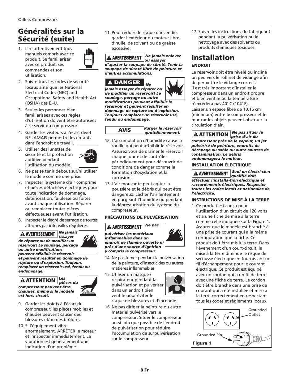Installation, Généralités sur la sécurité (suite) | Campbell Hausfeld IN626100AV User Manual | Page 8 / 24