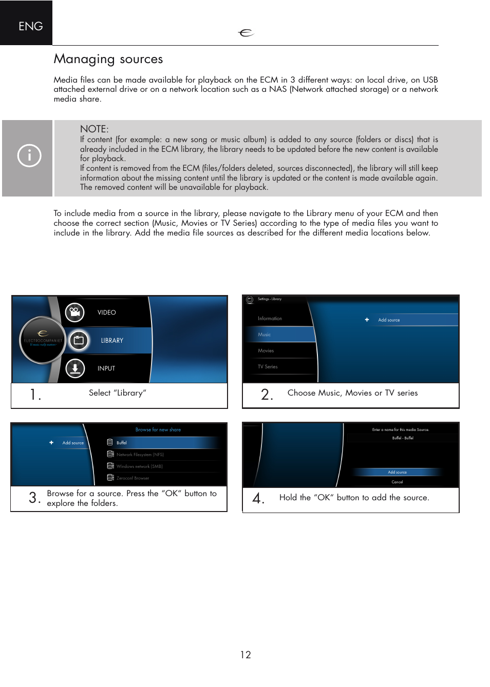 Update library, Library scan status, Managing sources | Electrocompaniet ECM 2 User Manual | Page 12 / 36