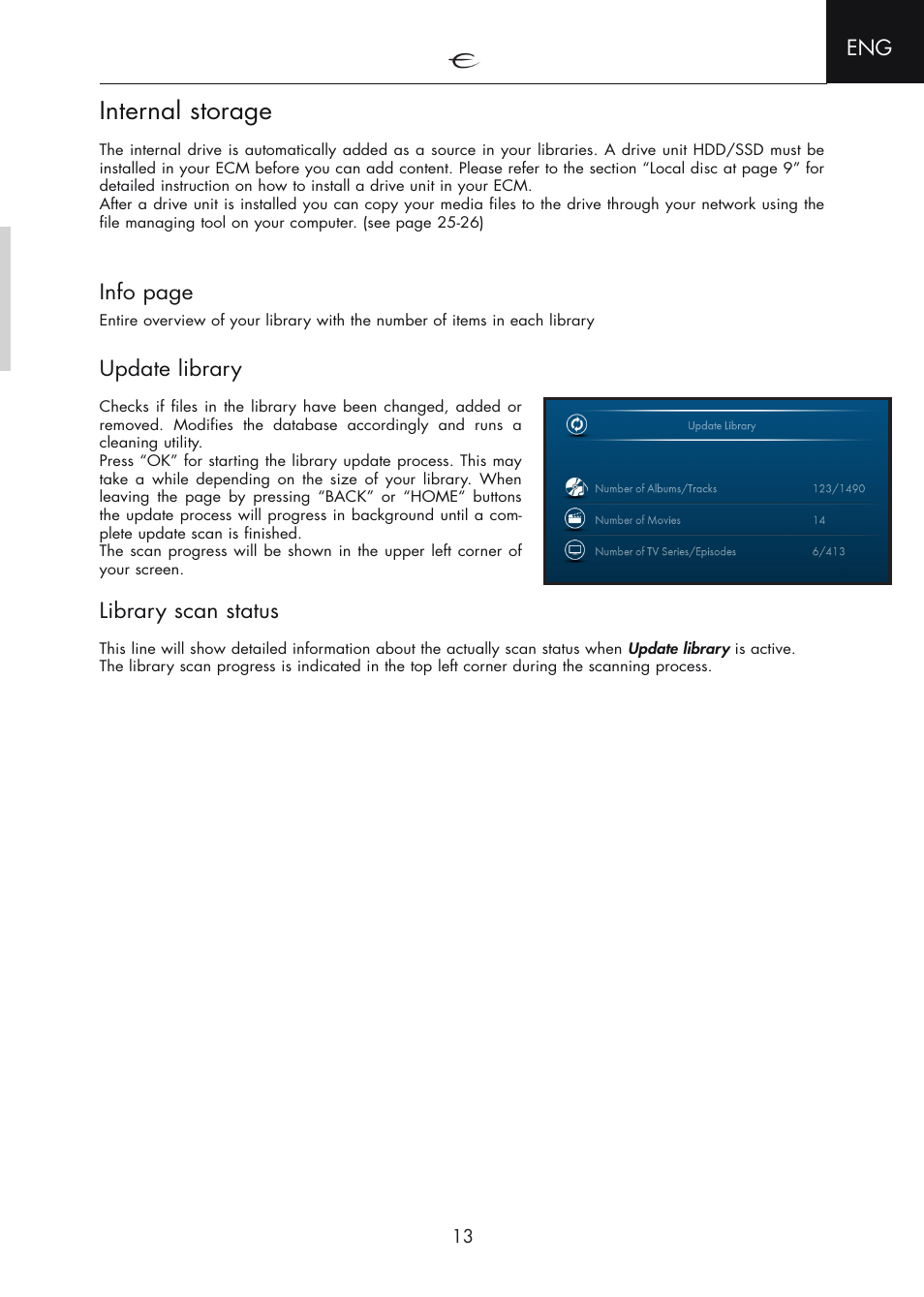 Internal storage, Info page, Update library | Library scan status | Electrocompaniet ECM 2 User Manual | Page 13 / 36