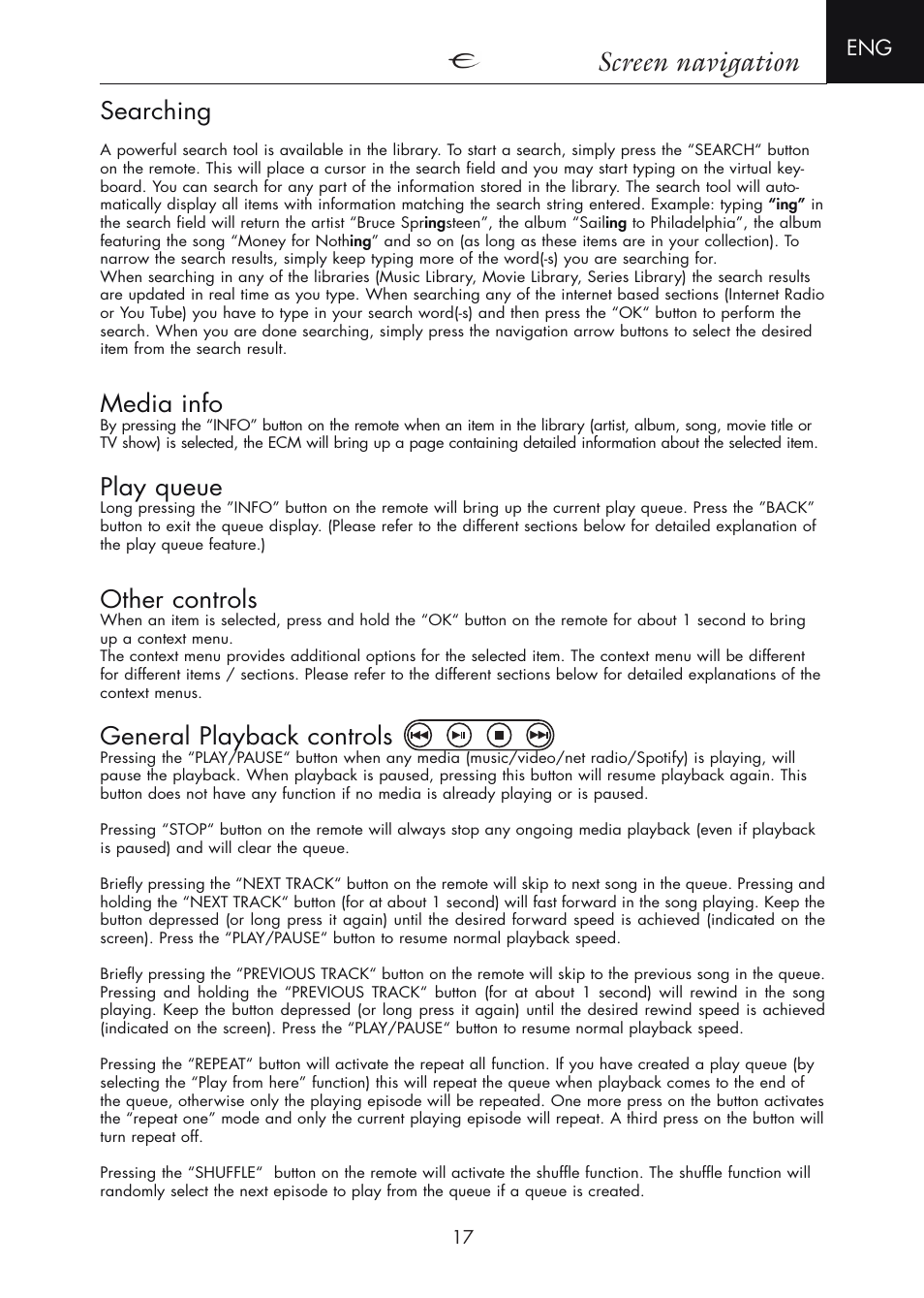 Searching, Media info, Other controls | General playback controls, Screen navigation, Play queue | Electrocompaniet ECM 2 User Manual | Page 17 / 36