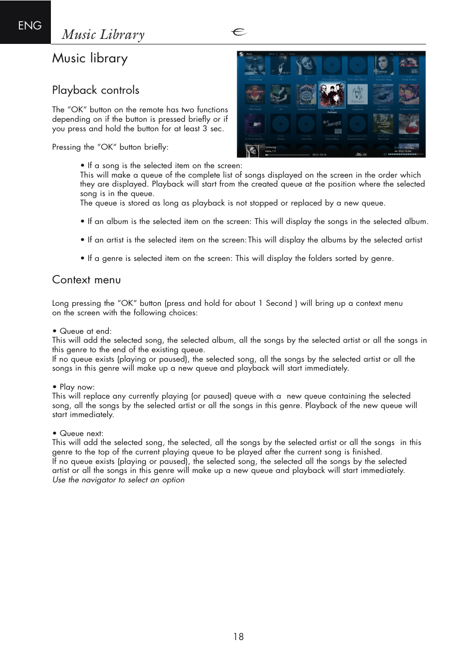 Music library, Playback controls, Context menu | Electrocompaniet ECM 2 User Manual | Page 18 / 36