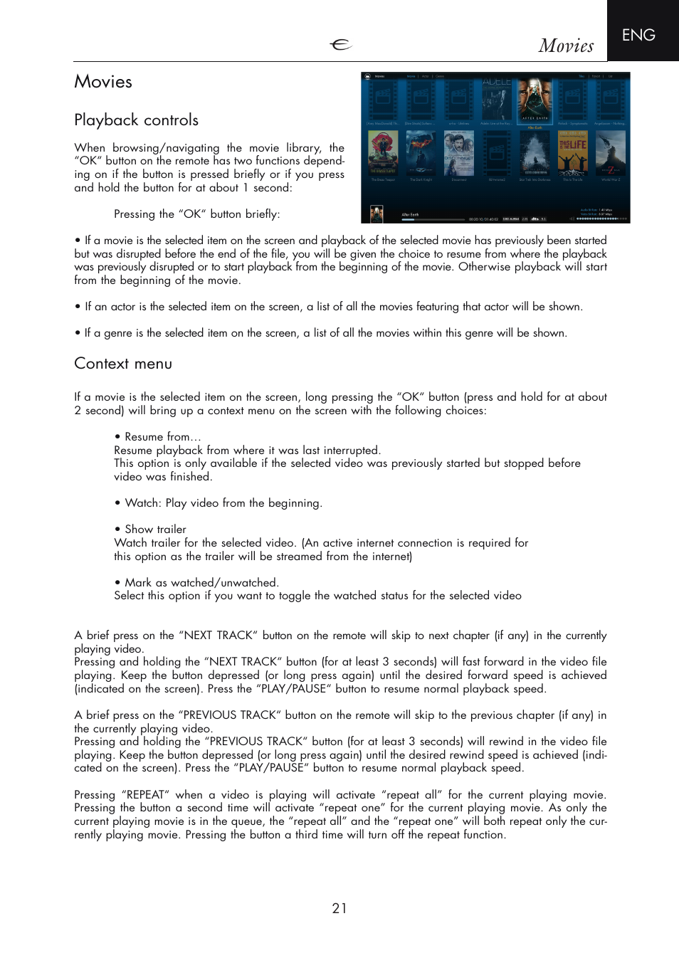 Movies, Playback controls, Context menu | Electrocompaniet ECM 2 User Manual | Page 21 / 36