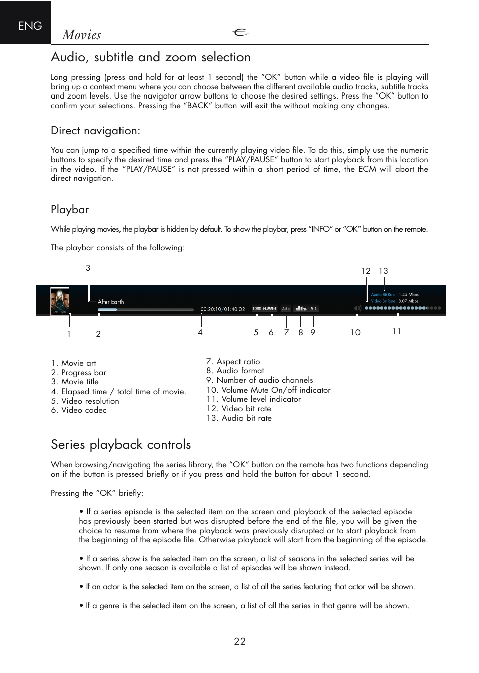 Audio, subtitle and zoom selection, Direct navigation, Playbar | Series playback controls, Playbar: movies, Series, Movies | Electrocompaniet ECM 2 User Manual | Page 22 / 36