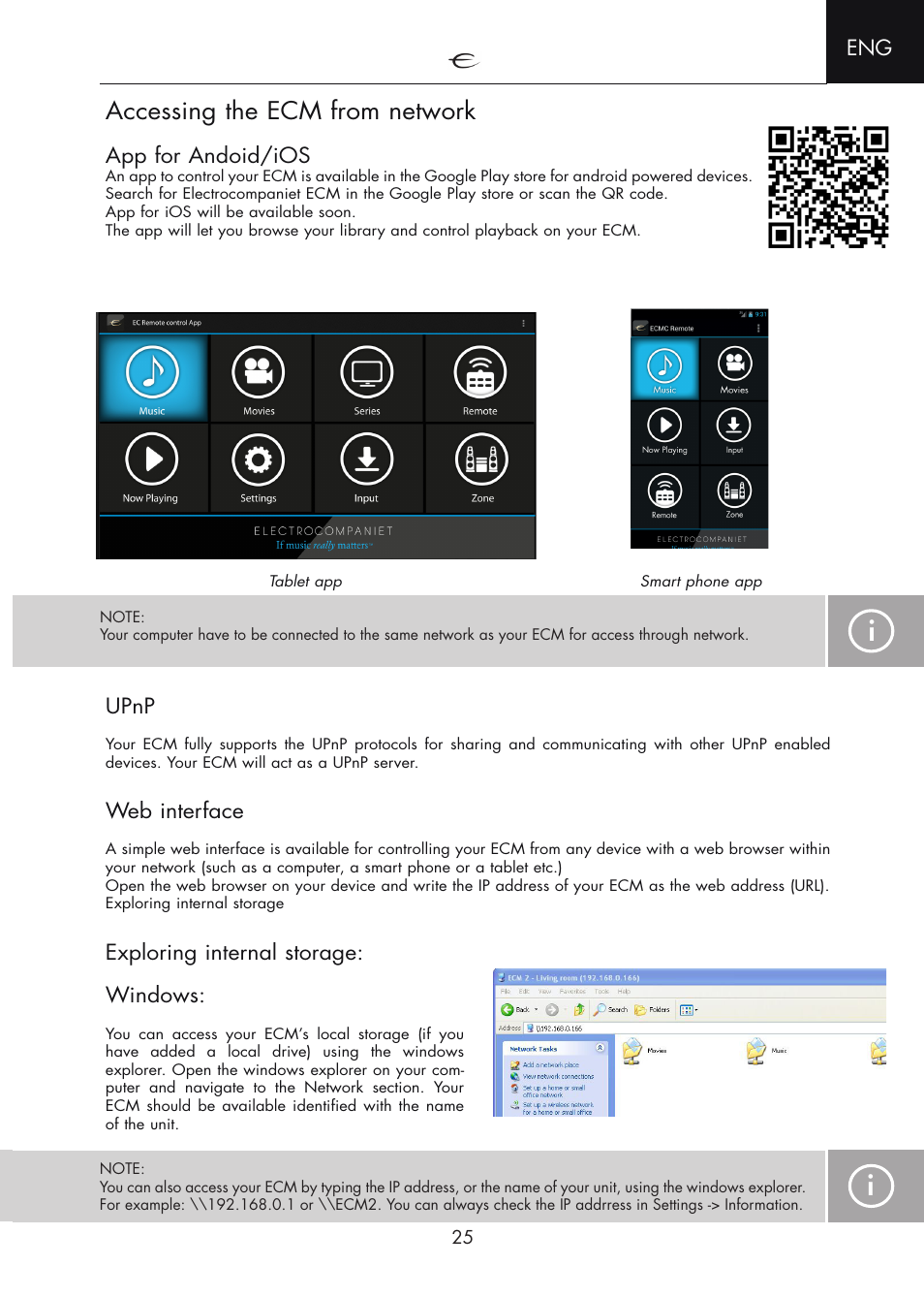 Accessing the ecm from network, App for andoid/ios, Upnp | Web interface, Exploring internal storage: windows | Electrocompaniet ECM 2 User Manual | Page 25 / 36