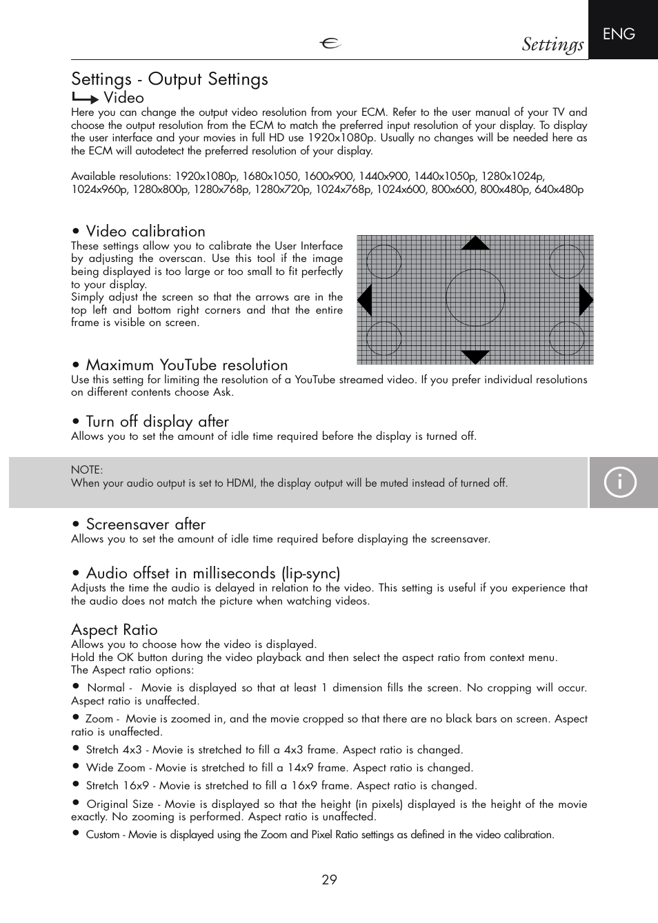 Settings, Settings - output settings, Video | Video calibration, Maximum youtube resolution, Turn off display after, Screensaver after, Audio offset in milliseconds (lip-sync), Aspect ratio | Electrocompaniet ECM 2 User Manual | Page 29 / 36