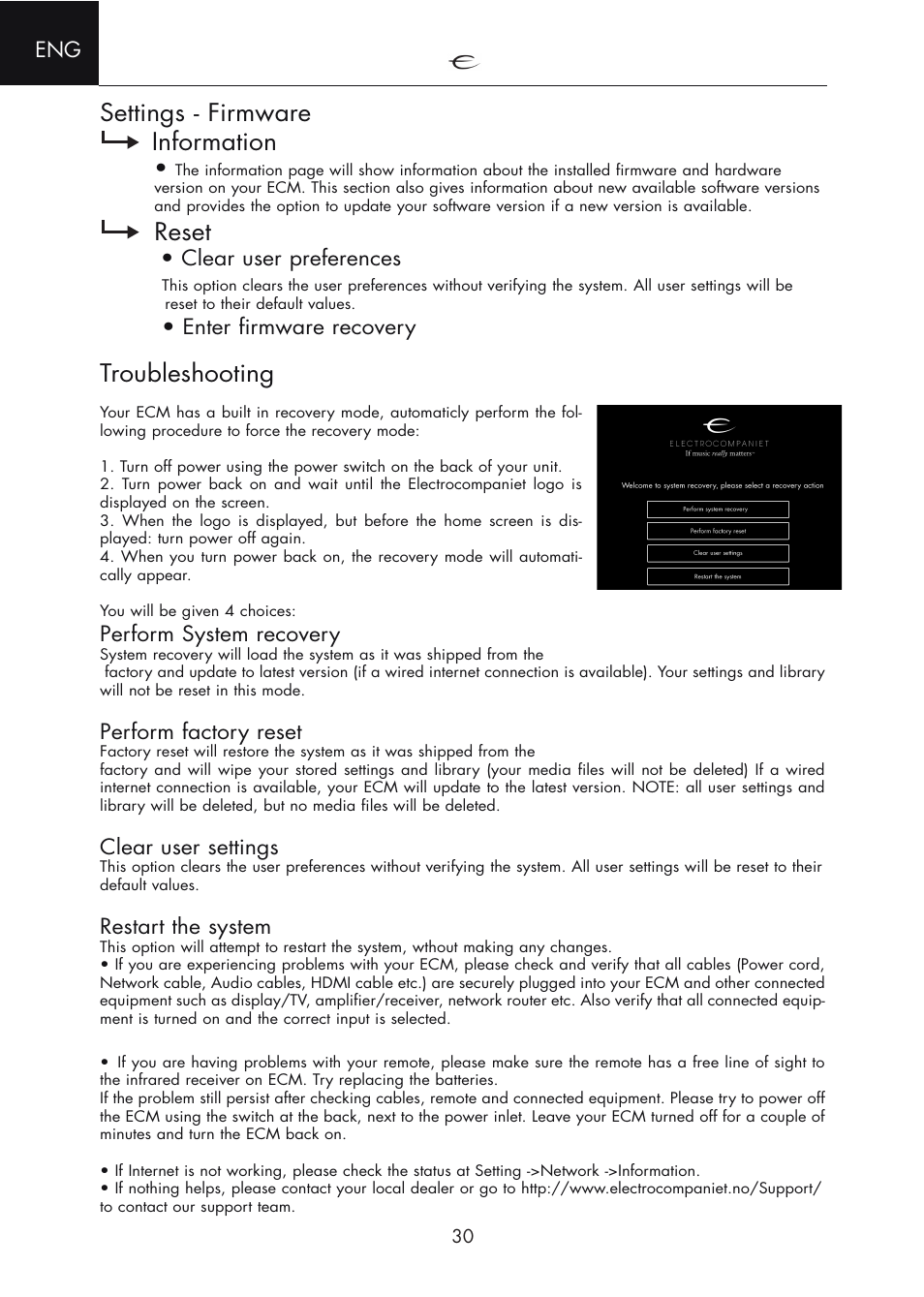 Settings - firmware, Perform system recovery, Enter firmware recovery | Troubleshooting, Firmware, Settings - firmware information, Reset, Clear user preferences, Perform factory reset, Clear user settings | Electrocompaniet ECM 2 User Manual | Page 30 / 36