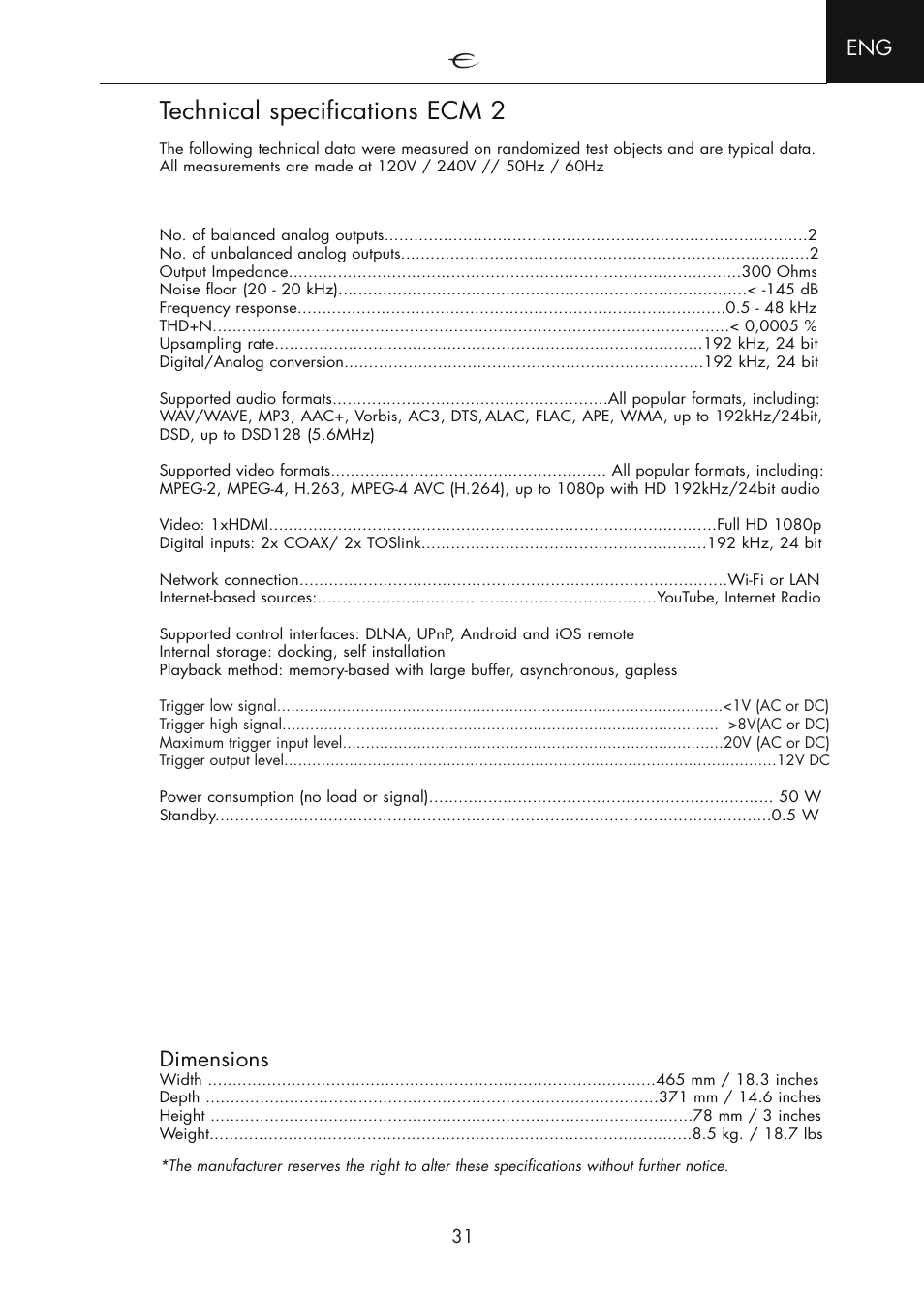 Dimensions, Specifications, Technical specifications ecm 2 | Electrocompaniet ECM 2 User Manual | Page 31 / 36